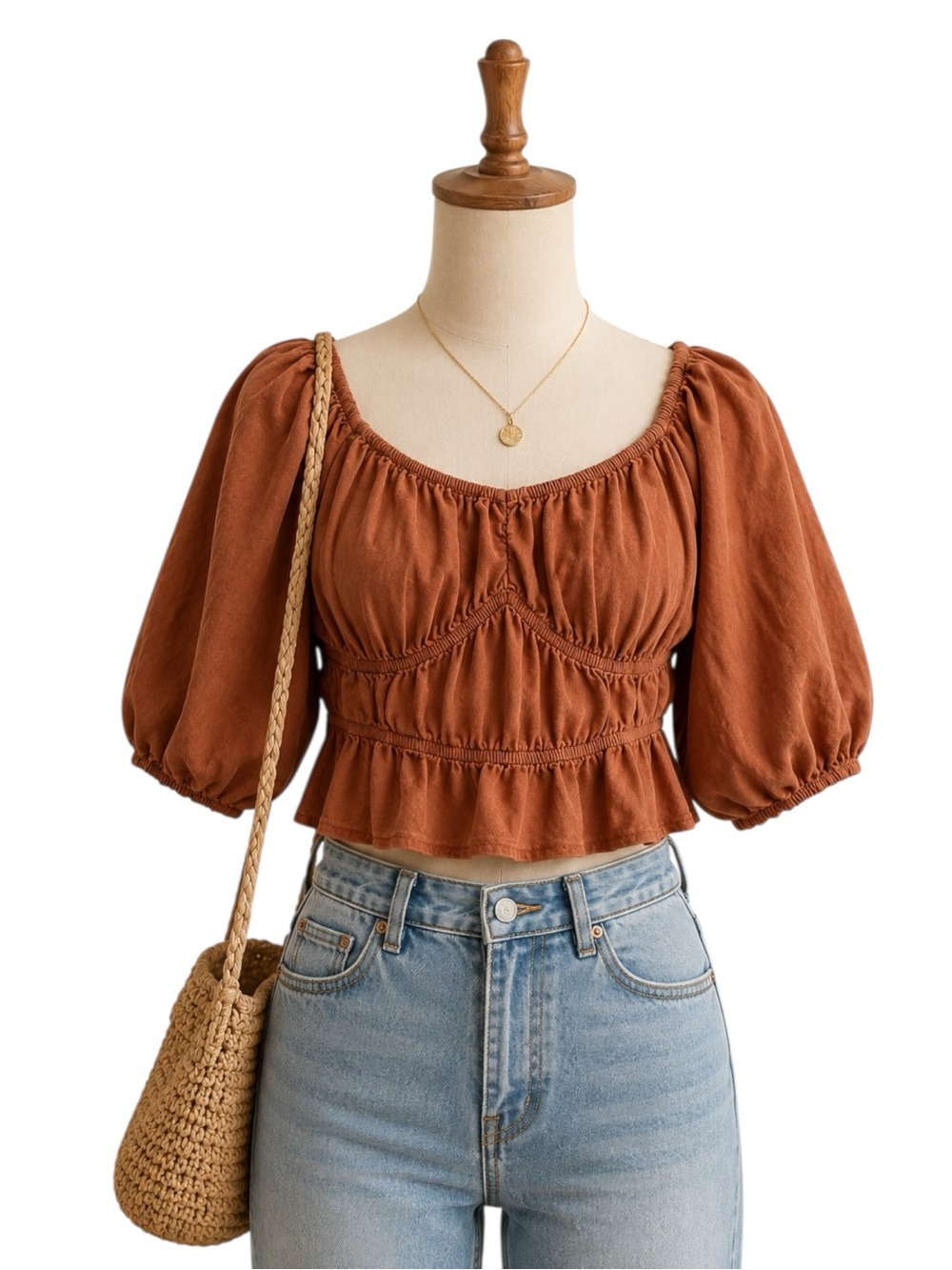 Milkmaid Rust Orange Linen Blend Peasant Crop Top Puff Sleeve Cottagecore Size S